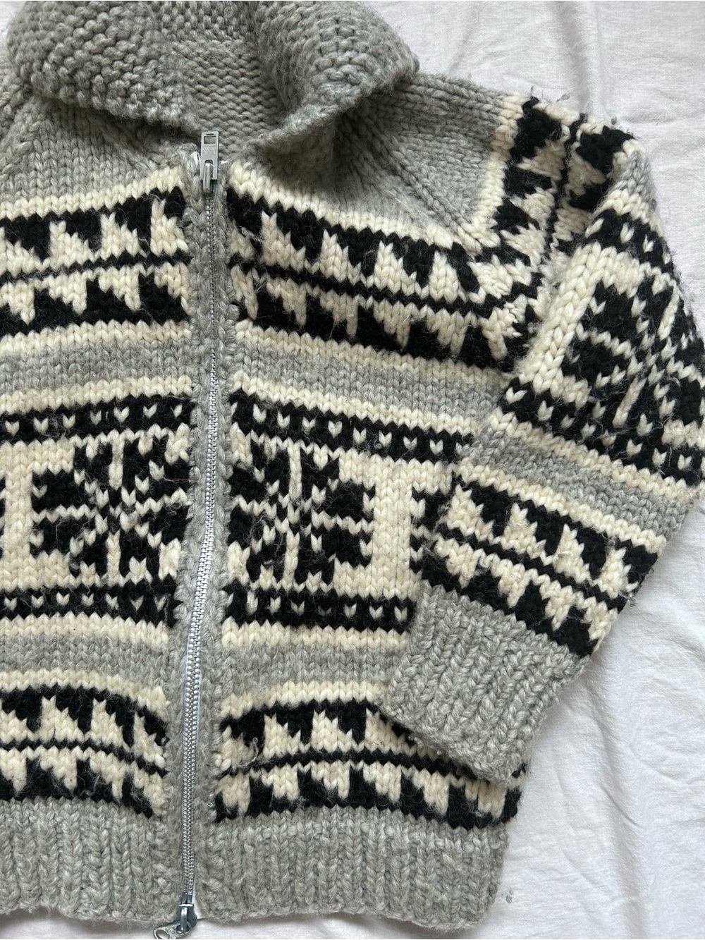Cowichan Chunky Nordic Zip-Up Cardigan Sweater - Gray, Cream & Black - Picture 2 of 4